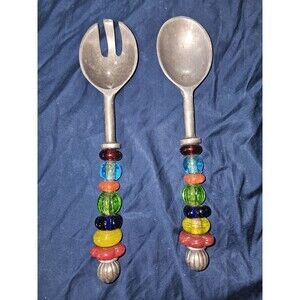 Southcoast 11" Metal Salad Serving Fork Spoon  Blue Red Green Beads Baubles